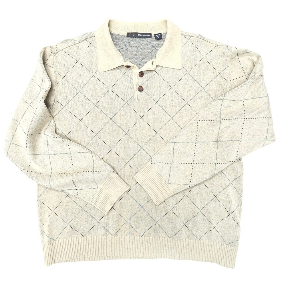 Greg‎ Norman Argyle Cotton Sweater Polo Mens M Beige Golf Old Money Preppy